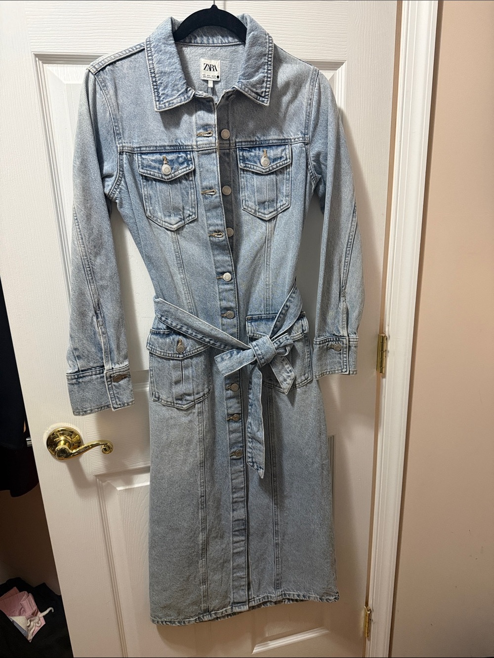 Zara Light Blue Denim Midi Shirt Dress with Tie Belt